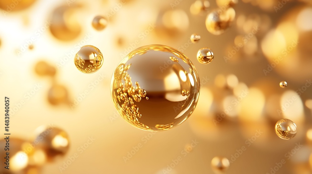 3D render of golden spheres floating against a warm, abstract background. 3D render of golden spheres floating against a warm, abstract background.