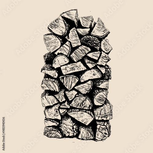 An artistic black-and-white sketch of chopped firewood pieces stacked together, emphasizing wood grain and texture.