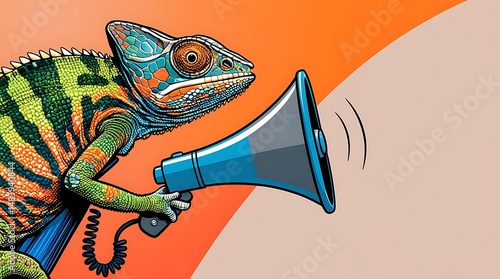 Colorful artistic illustration of a chameleon holding a megaphone against a vivid orange background, symbolizing communication, expression, creativity, and adaptability with humor

