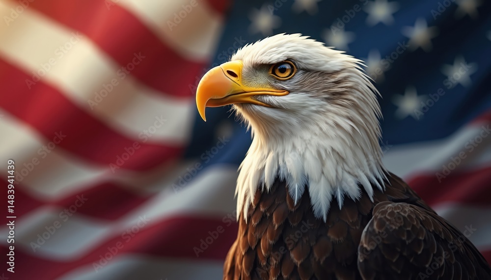 custom made wallpaper toronto digitalMajestic bald eagle portrait against waving American flag. Symbol of freedom, power, national pride. Patriotic image ideal for Independence Day, Memorial Day celebrations. Symbolism of bravery,