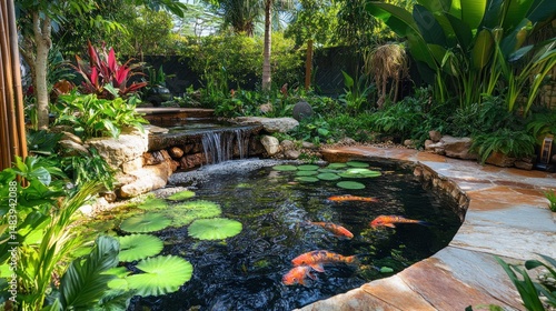Serene koi pond nestled in lush tropical garden with waterfall