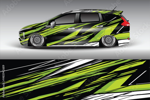 Stylish car wrap design with dynamic green and black stripes