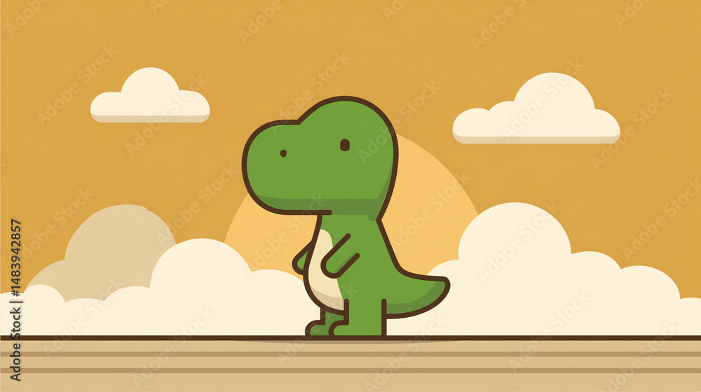Obraz premium Cute Dinosaur Cartoon Character Adventure Green Forest Whimsical Clouds Sunset Background Animation Fun Prehistoric Creature Safari Exploration Kids Playful Family Friendship Nature Travel Art
