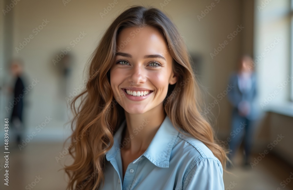 Fototapeta premium Portrait of smiling female curator. Beautiful young woman with long hair, light eyes in museum. Joyful expression. Kind, friendly face. Pro business lady. Modern, contemporary art gallery.