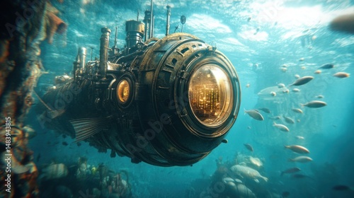 Steampunk submarine amidst vibrant underwater scene