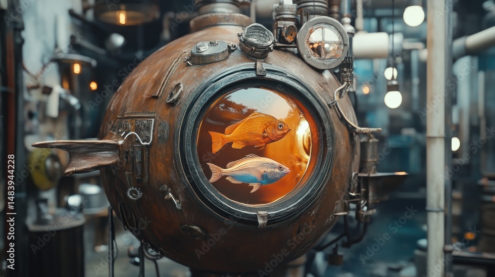 Fototapeta premium Steampunk fishbowl; two fish inside a rusty, spherical, mechanized enclosure