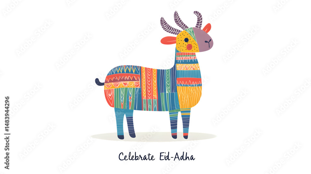 Colorful EidAlAdha Goat Illustration with Festive Patterns and Celebratory Text Colorful EidAlAdha Goat Illustration with Festive Patterns and Celebratory Text