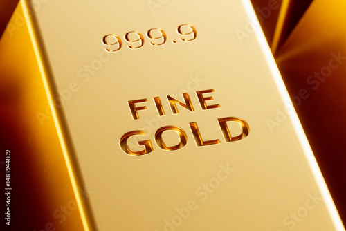 fine gold bullion, macro view of golden ingot and bar, 3d illustration