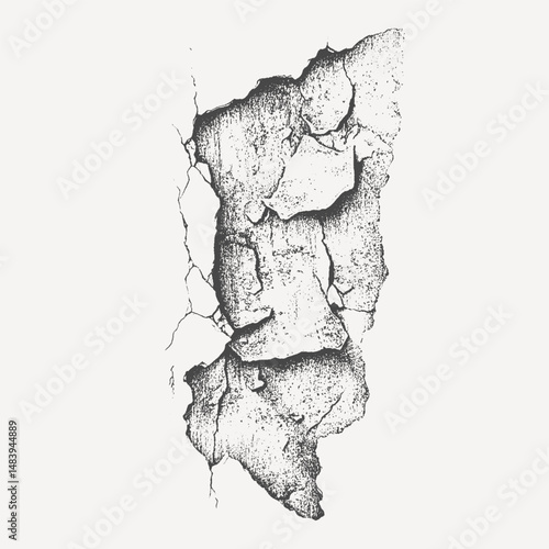 Cracked Wall Texture: Detailed black and white rendering of a textured, weathered wall with prominent cracks, symbolizing age and decay.
