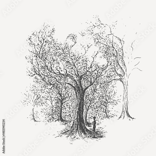 Mystical Woodland Reverie: A captivating illustration of a solitary figure, enveloped by an ethereal forest of trees, branches, and leaves, invites contemplation, imagination and peace.