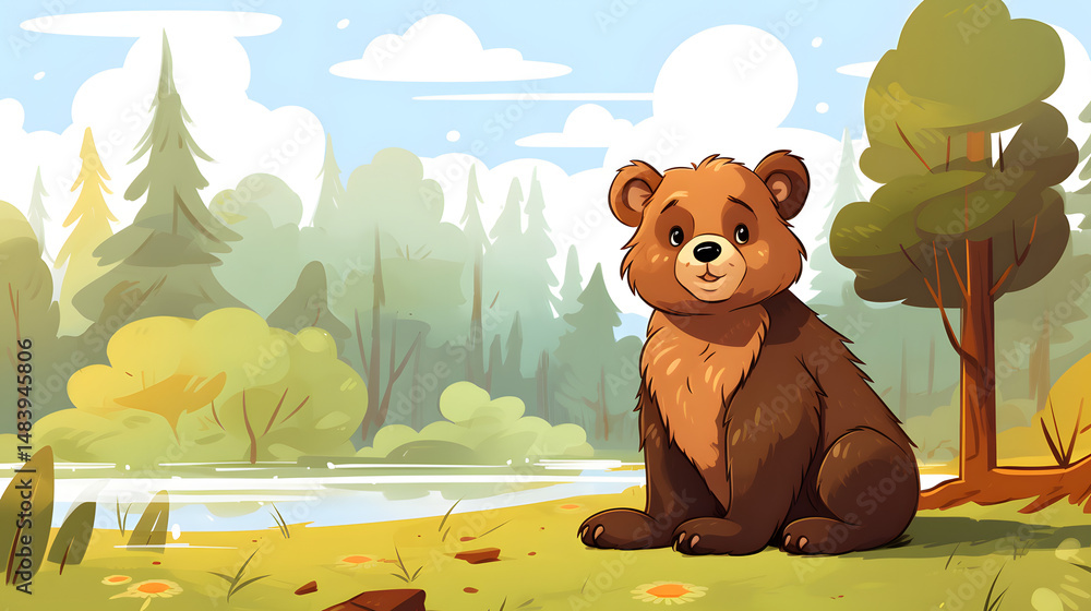 Adorable Cartoon Bear Character Among Forest Foliage Illustration Adorable Cartoon Bear Character Among Forest Foliage Illustration