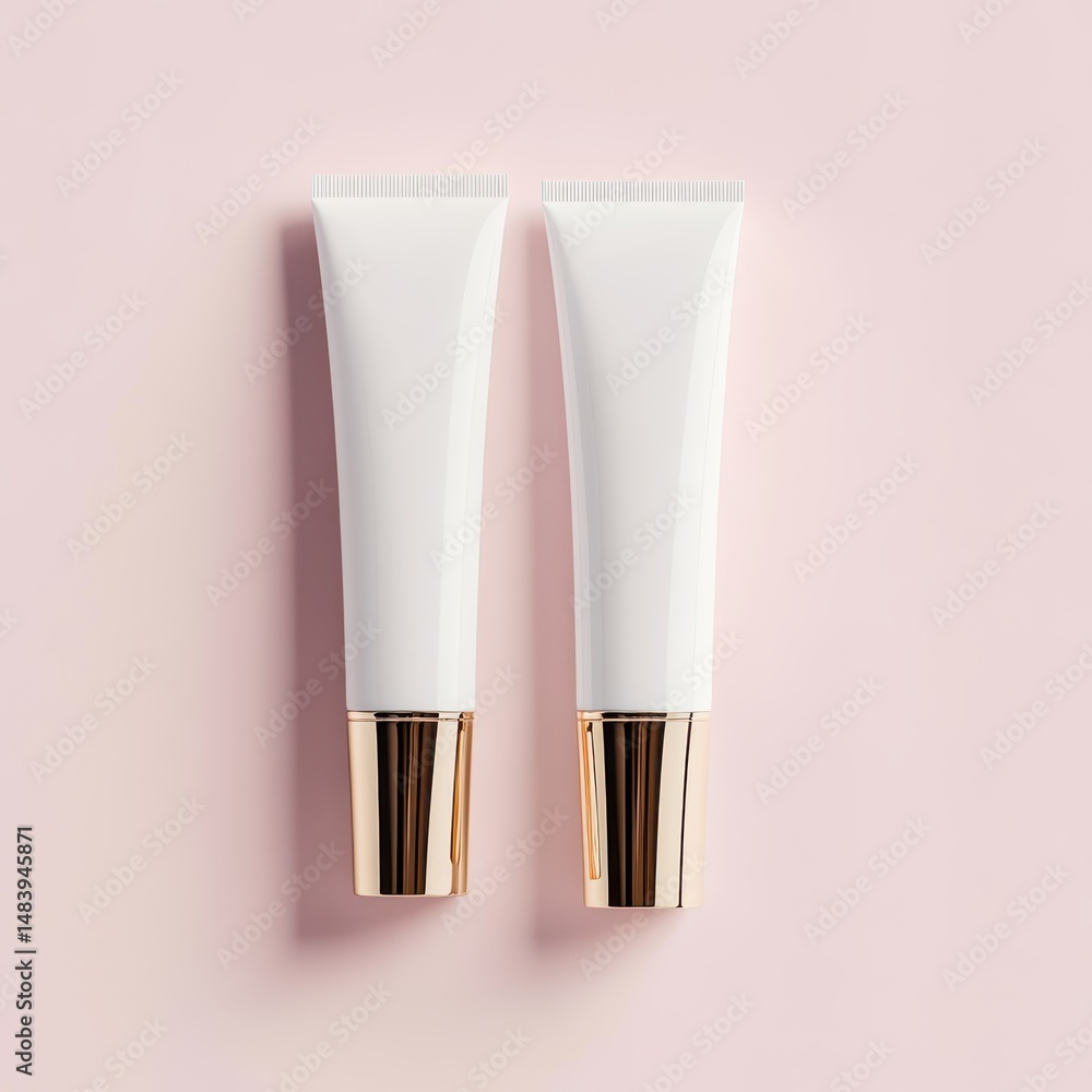 Two sleek white tubes with gold accents on pink background Two sleek white tubes with gold accents on pink background
