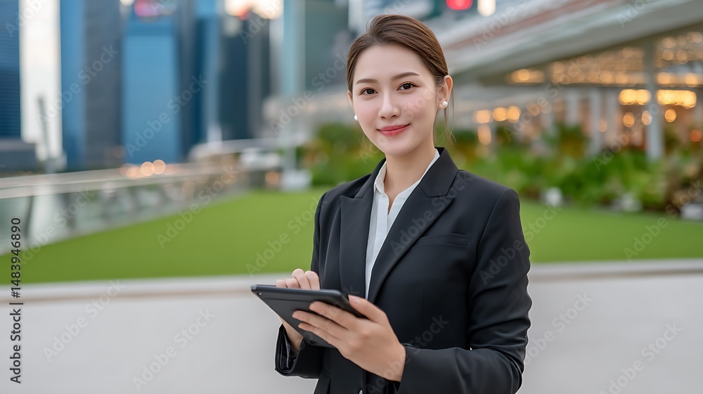 Confident Businesswoman Using Tablet Against Urban Skyline Backdrop Confident Businesswoman Using Tablet Against Urban Skyline Backdrop