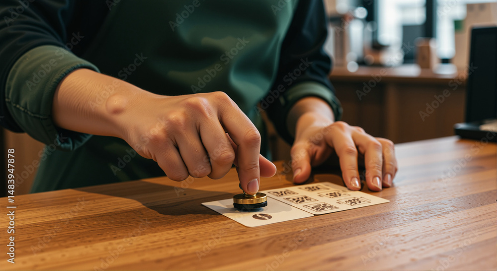 Fototapeta premium Barista stamping a coffee shop loyalty card on a wooden counter, showcasing a detailed design and vibrant atmosphere