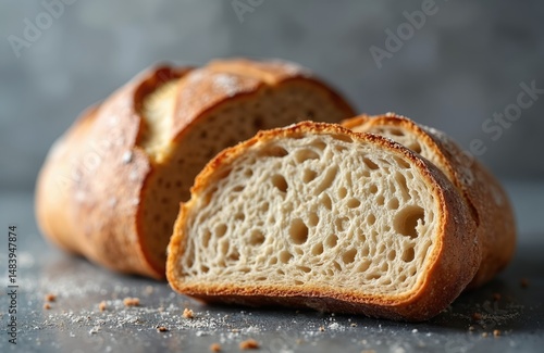 Close-up of organic sourdough bread slices. Golden crust, airy crumb texture. Sliced loaf on a table. Focus on a rustic, fresh baked artisan product. Perfect for food blogs. Bakery display.