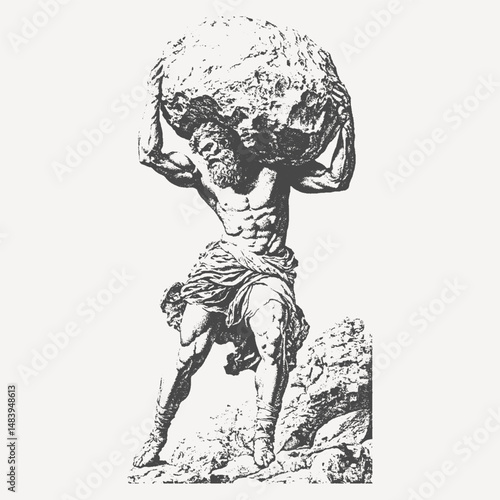 Engraving of the Greek Titan Atlas carrying a massive boulder on his shoulders. A symbol of endurance, strength, and mythology.