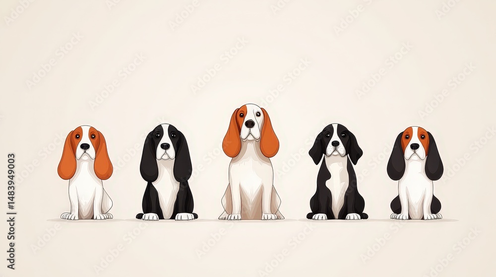 Obraz premium Five cartoon dogs with long ears and different color patterns sit in a row on a plain background.
