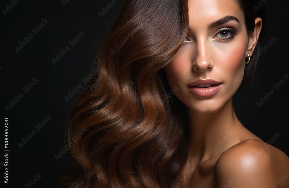 Obraz premium Portrait of young woman with shiny brown wavy hair. Beautiful face, pro make-up, natural lipstick. Perfect for beauty salon advertising or hair care product promotions.