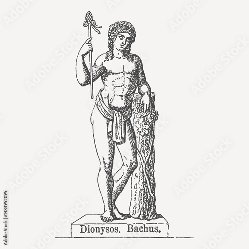 Classical engraving of Dionysus (Bacchus), Greek god of wine and revelry, holding a thyrsus staff. Features grapes and ivy.
