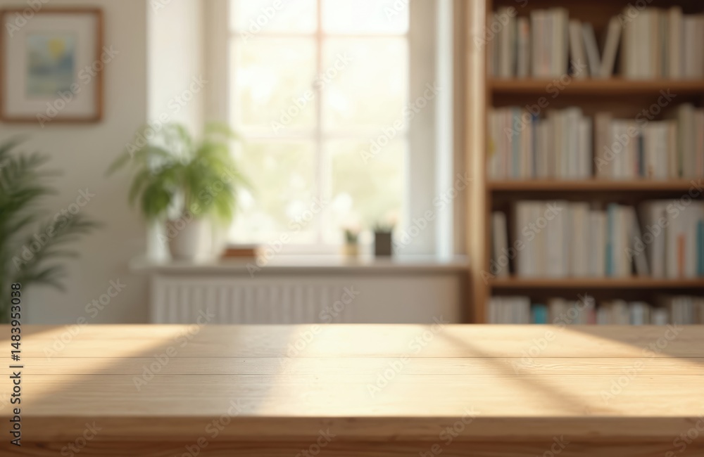 Fototapeta premium Cozy home library with wooden table. Bookshelves, natural light through window, indoor plants, and warm inviting environment. Perfect for reading and studying. Home interior design in sunlight.