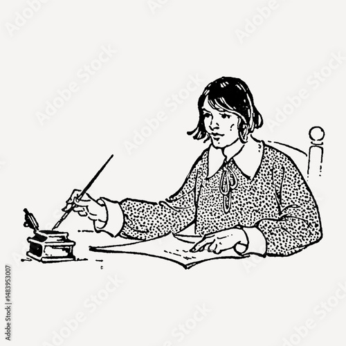 A hand-drawn vintage ink illustration of a woman writing with a quill pen, wearing historical clothing, evoking an old-fashioned literary charm.