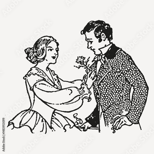 A vintage black-and-white ink illustration of a romantic couple in period clothing, the woman offering flowers to the man in a classic, historical art style.