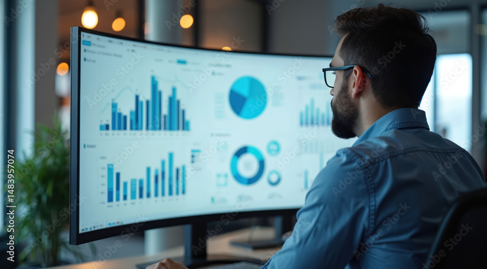 Fototapeta premium Business analyst examines data trends big screen monitor in modern office. Man works with graphs reports analysis. Data science tech, finance, marketing, strategy.
