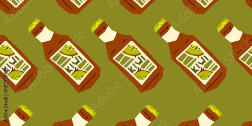 Seamless Kiwi Drink Bottle Angular Pattern. Cartoon-style seamless pattern featuring brown bottles with kiwi fruit labels. Repeating layout on olive green background, flat and bold design.