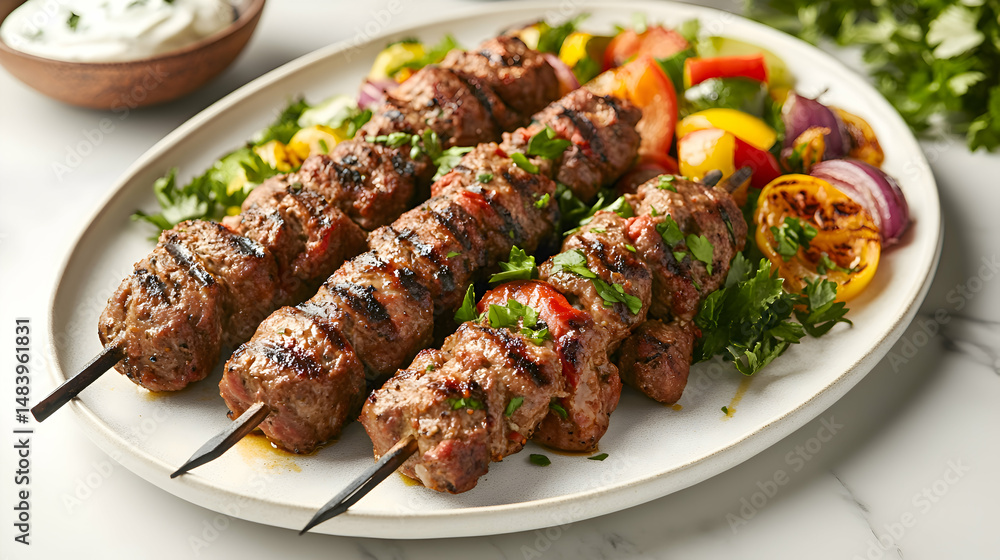 Kebab Espanol, Spanish Kebab with grilled meat, fresh vegetables, and a drizzle of yogurt sauce, placed on a clean white plate