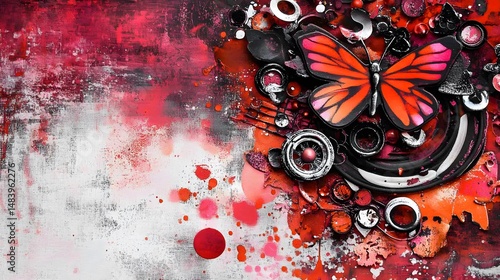 Wallpaper Mural Abstract Red and Black Mixed Media Art with Butterfly Torontodigital.ca