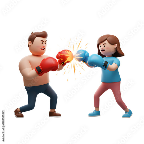 Two cartoon characters are depicted in a boxing match, demonstrating competition and conflict for promotional material.