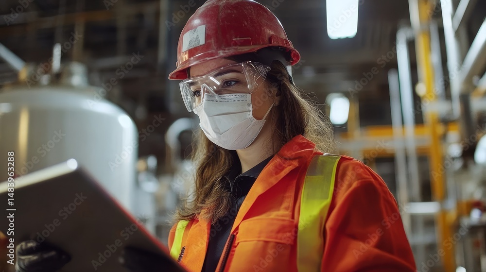A female engineer in safety gear using a tablet in an industrial setting with pipes visible A female engineer in safety gear using a tablet in an industrial setting with pipes visible
