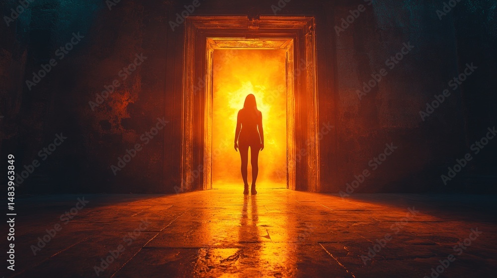 Silhouette figure standing before a fiery doorway Silhouette figure standing before a fiery doorway