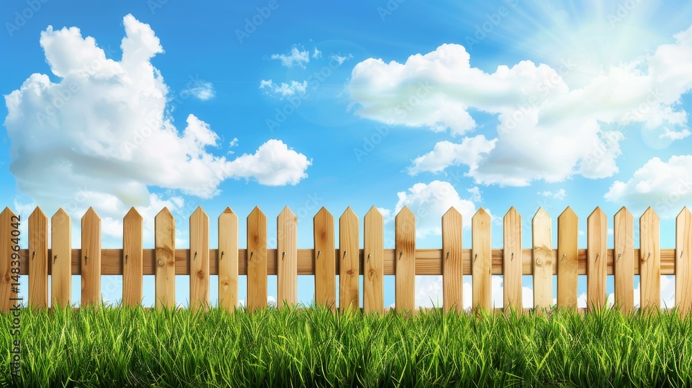 Fototapeta premium A charming wooden garden fence embraces the vibrant green grass, creating a serene outdoor retreat under a bright blue sky.