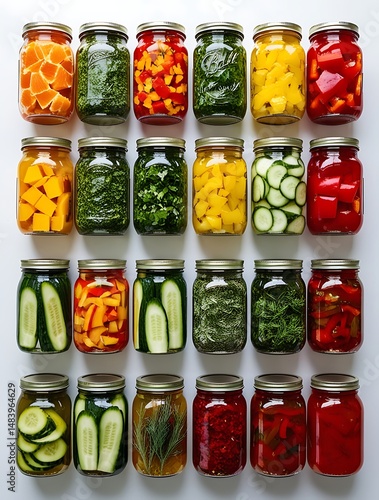Wallpaper Mural Colorful collection of assorted preserved vegetables neatly arranged in glass jars on a white background, showcasing food storage, canning, and healthy homemade produce variety
 Torontodigital.ca