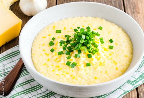 A bowl of corn chowder with cheese and green onions.