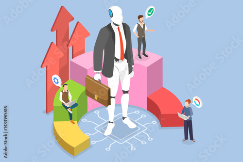 3D Isometric Flat Vector Illustration of AI in Business, Robot Assistant