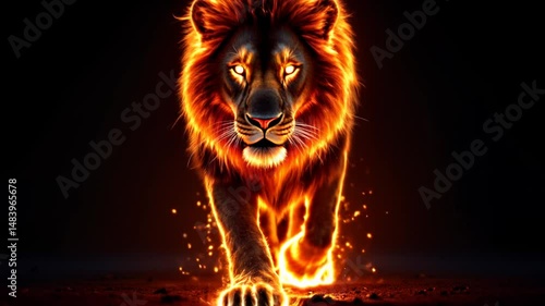 Realistic animation of a majestic lion made of fire particles walking directly towards the camera looking like a creature formed of burning fire and light
