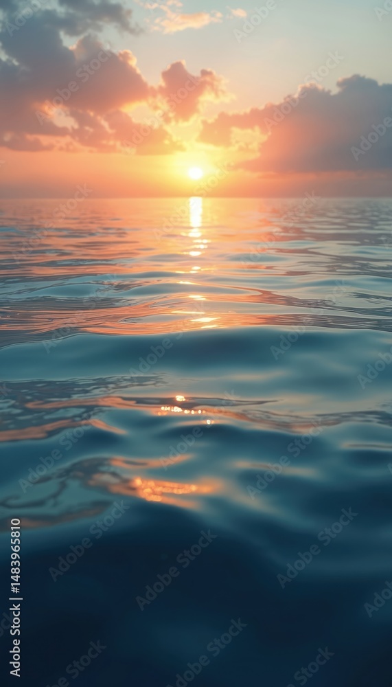 Fototapeta premium Tranquil ocean sunset. Sun reflects on calm water surface with slight ripples. Orange, blue colours creating serene landscape. Natural beauty perfect for relaxation peace.
