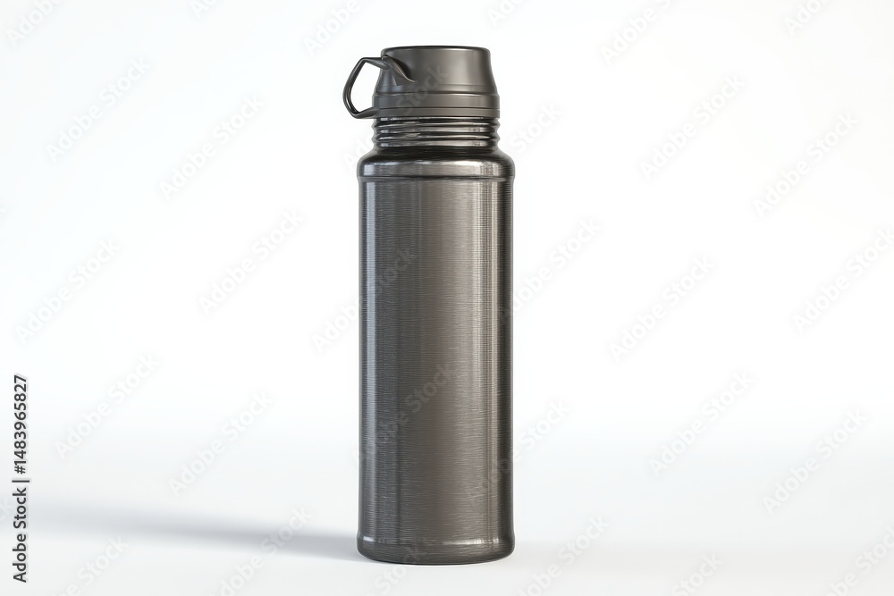 Sleek dark-grey metal water bottle with a carrying handle. Perfect for hydration on the go! Sleek dark-grey metal water bottle with a carrying handle. Perfect for hydration on the go!