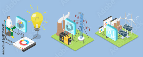 3D Isometric Flat Vector Illustration of Artificial Intelligence In Energy Production, AI-Power Consumption
