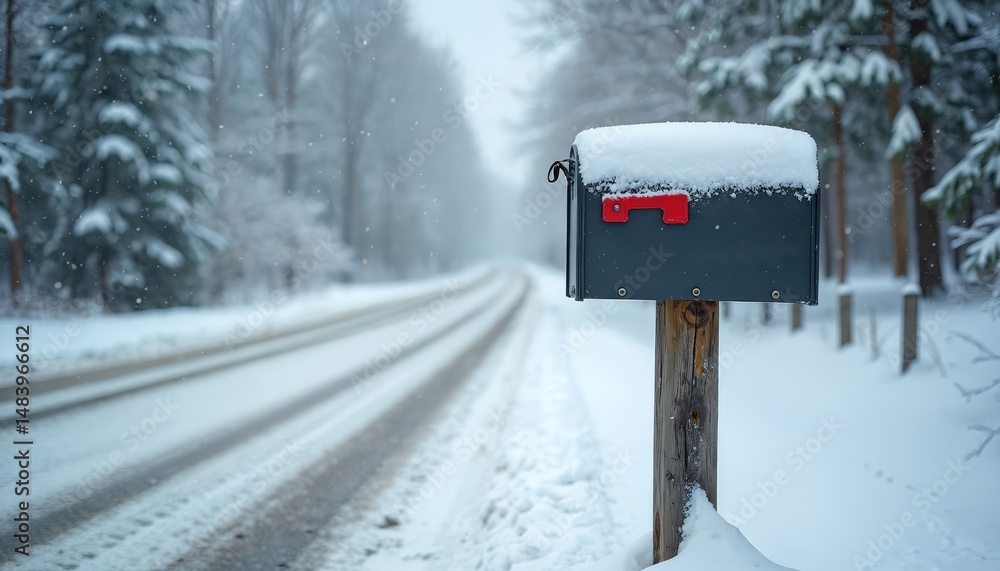 Fototapeta premium Winter scene with snow-covered mailbox on road. Postal box covered snow with red flag. Road leads to distance, serene winter landscape, calm mood. Winter wonderland, snow-covered trees, postal