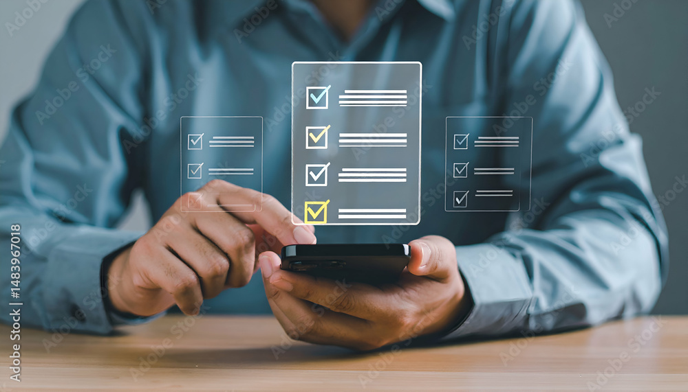 Person using a smartphone to check off items on a digital checklist Person using a smartphone to check off items on a digital checklist
