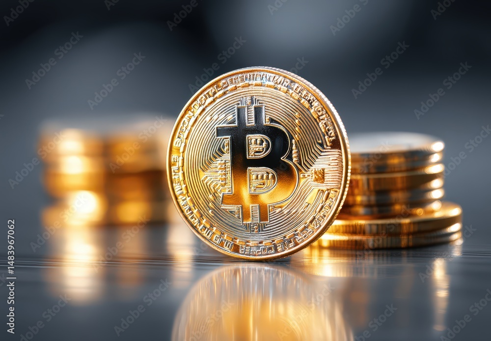 Close-up of a Bitcoin with stacked coins in the background. Close-up of a Bitcoin with stacked coins in the background.