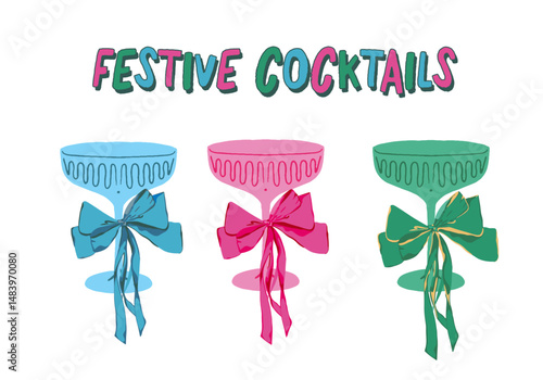 Festive Cocktails, Coquette Cocktail drinks, cocktail glass, wine glass, retro wine glass, coupe glass, retro champagne glass, pastel colors, party invite wedding, illustration, hand drawn, 