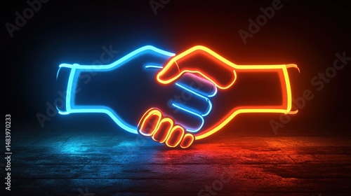 Neon handshake on a dark surface