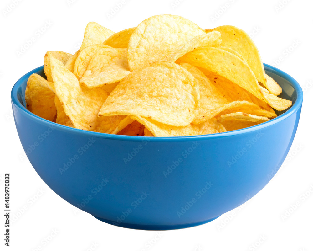 A blue bowl filled with potato chips isolated on a transparent background A blue bowl filled with potato chips isolated on a transparent background
