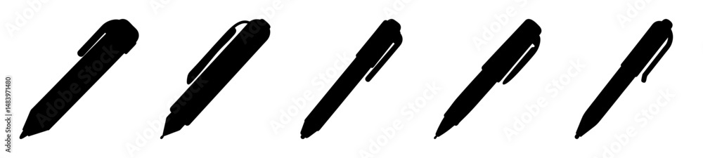 Multiple black pen silhouettes are depicted in a row on a white background Multiple black pen silhouettes are depicted in a row on a white background