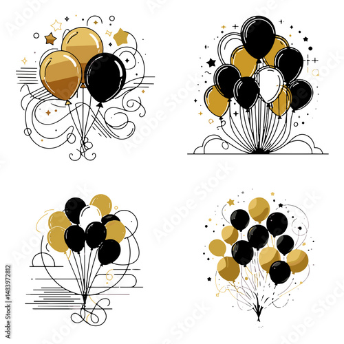 Decorative black and gold balloons in various arrangements and styles  