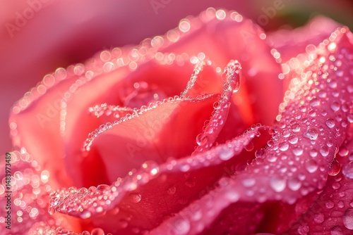 close-up of a dewy rose in full bloom, with glistening droplets on its velvety petals, highlighting the rich texture and vibrant color under soft morning light